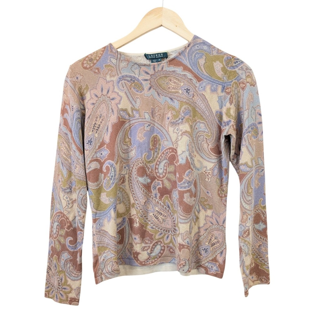 Ralph Lauren Silk Cashmere Paisley Sweater Tan‎ Neutrals Womens M Luxury Keaton